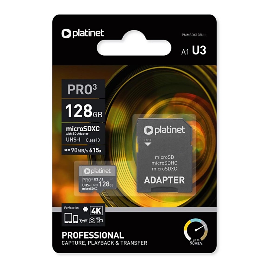 MicroSDXC 128GB U3 Pro A1 90MB/s + SD adapter