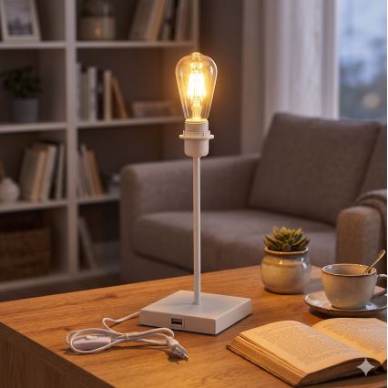 Namizna svetilka z USB-priključkom 1xE27/15W/230V bela