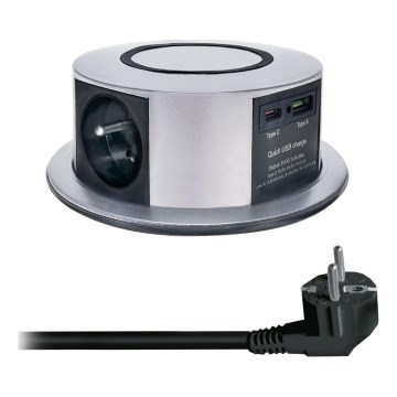 Namizna vtičnica z Qi brezžično polnjenje 3x230V + 1xUSB-A + 1xUSB-C srebrna/črna