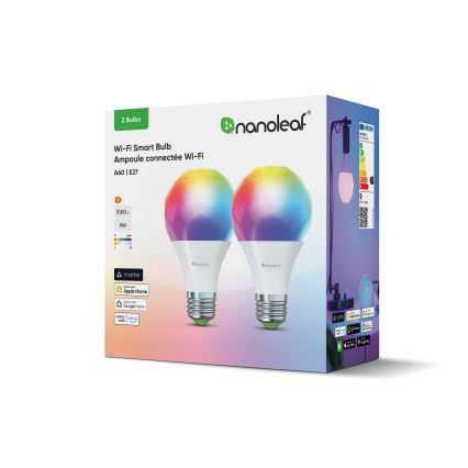 Nanoleaf - SET 2x LED RGBW Zatemnitvena žarnica ESSENTIALS MATTER A19 E27/9W/230V 2700-6500K CRI 90 Wi-Fi