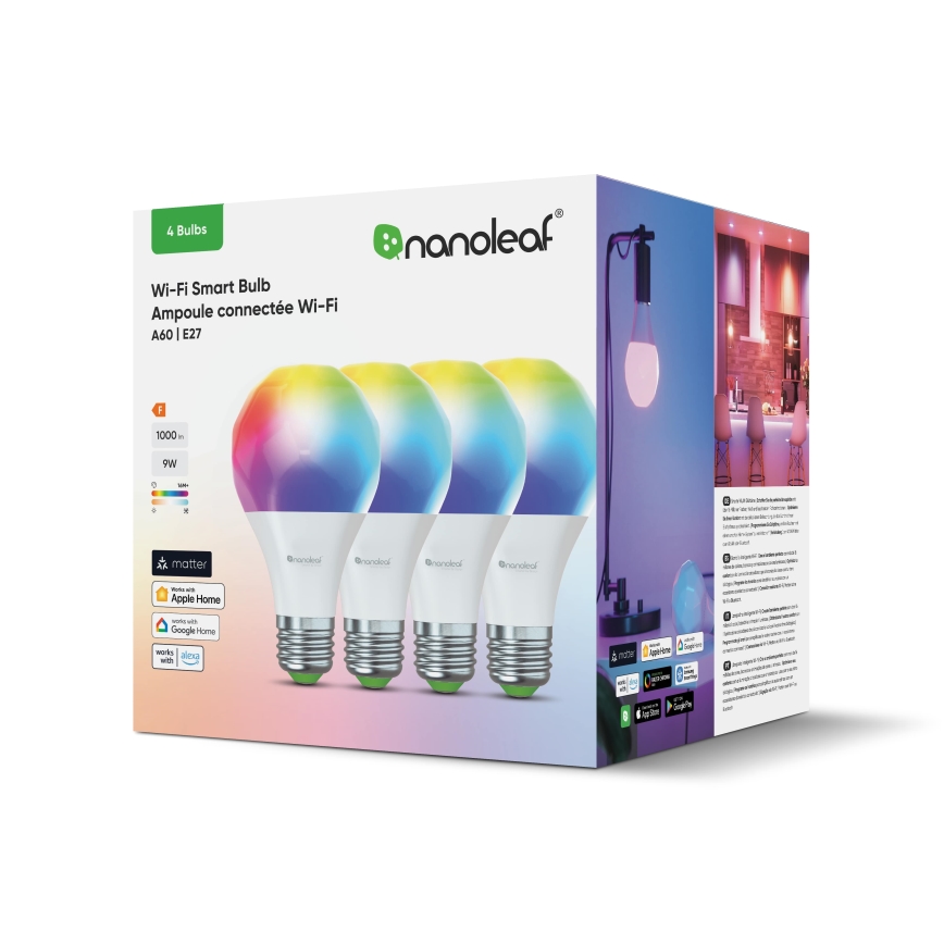 Nanoleaf - SET 4x LED RGBW Zatemnitvena žarnica ESSENTIALS MATTER A19 E27/9W/230V 2700-6500K CRI 90 Wi-Fi