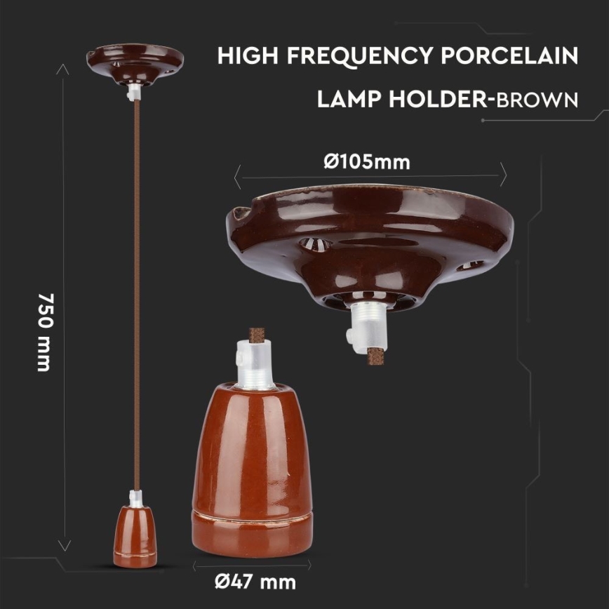 Napajalni kabel 1xE27/60W/230V rjava/porcelain