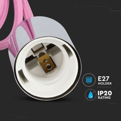 Napajalni kabel 1xE27/60W/230V svetlo roza/sijajni krom