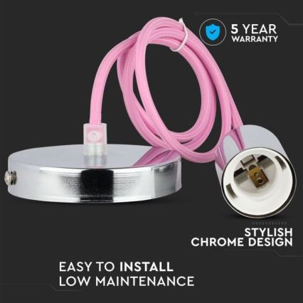 Napajalni kabel 1xE27/60W/230V svetlo roza/sijajni krom