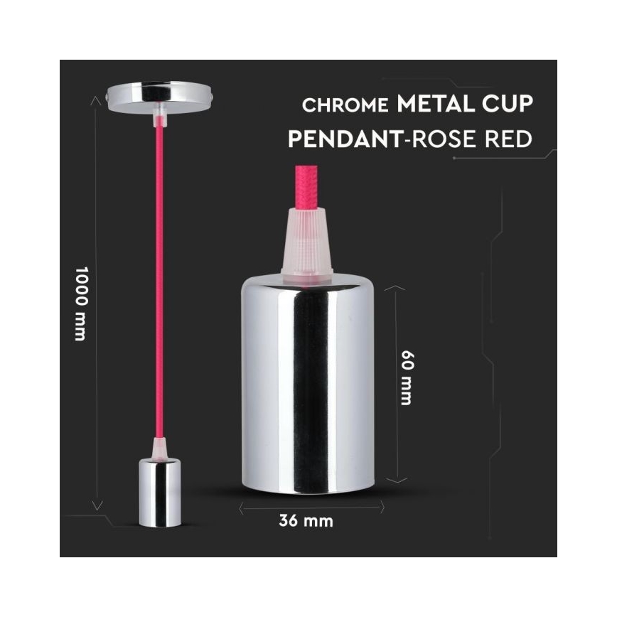 Napajalni kabel 1xE27/60W/230V temno roza/sijajni krom