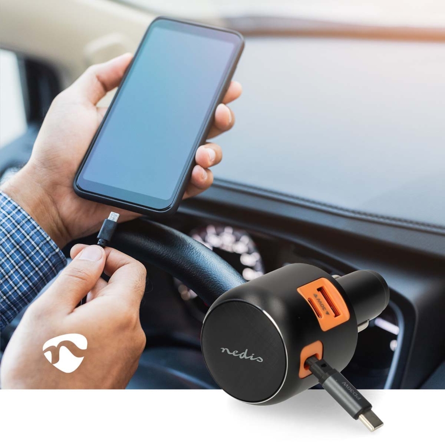 Avtopolnilec z izvlečnim kablom Power Delivery 30W 2xUSB-C + 1xUSB-A