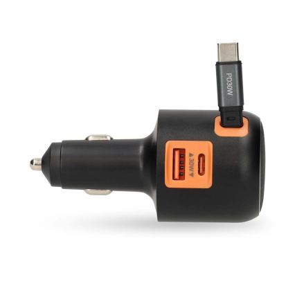 Avtopolnilec z izvlečnim kablom Power Delivery 30W 2xUSB-C + 1xUSB-A