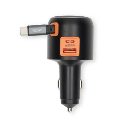 Avtopolnilec z izvlečnim kablom Power Delivery 30W 2xUSB-C + 1xUSB-A