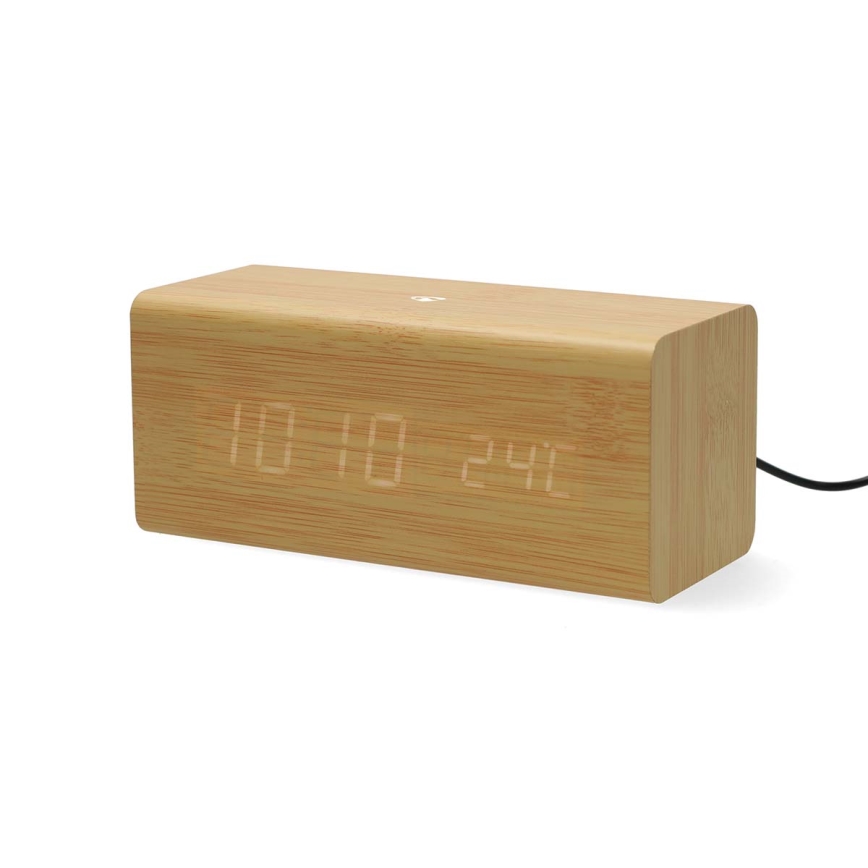 Lesena digitalna budilka z LED zaslonom in termometrom, 5V/1xCR2032