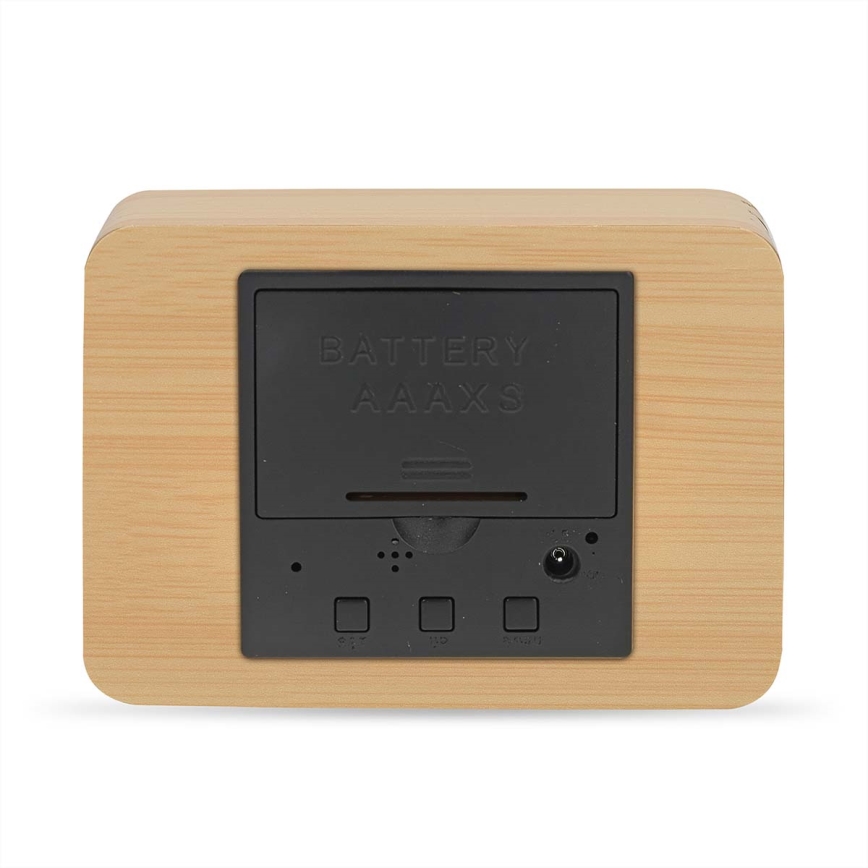 Digitalna budilka z LED-zaslonom in termometrom, 5V/3xAAA, lesena