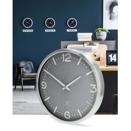 Stenska ura, premer 30,5 cm, 1×AA, matni krom/siva