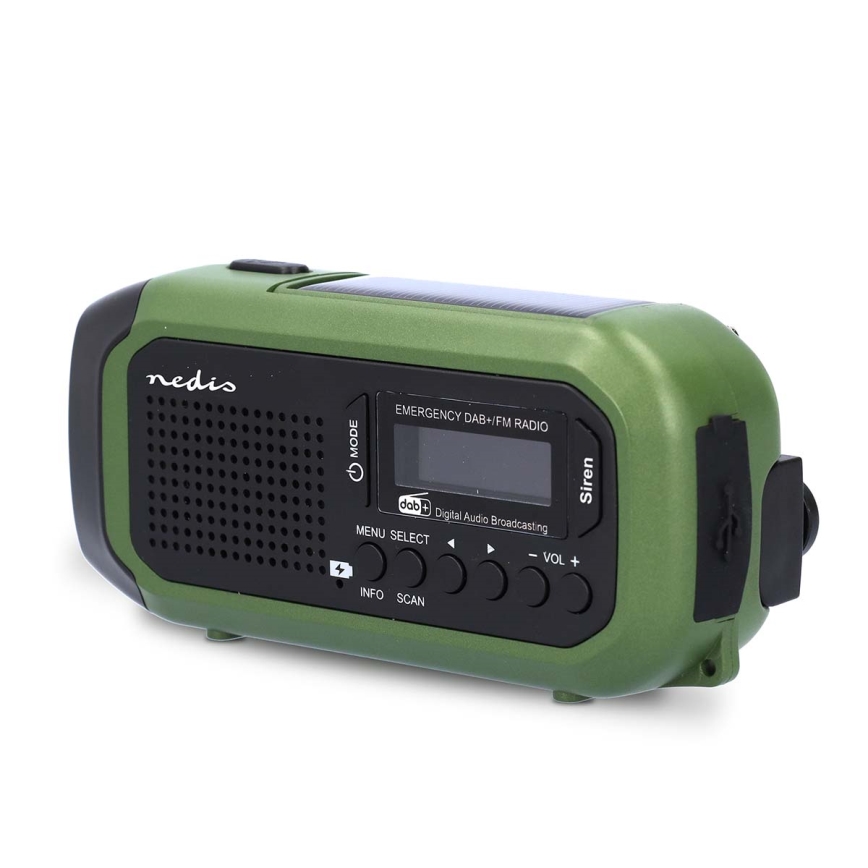 Radio DAB+/FM z ročico za navijanje, s solarnim panelom in LED svetilko, 5V/2500 mAh, zelena/črna