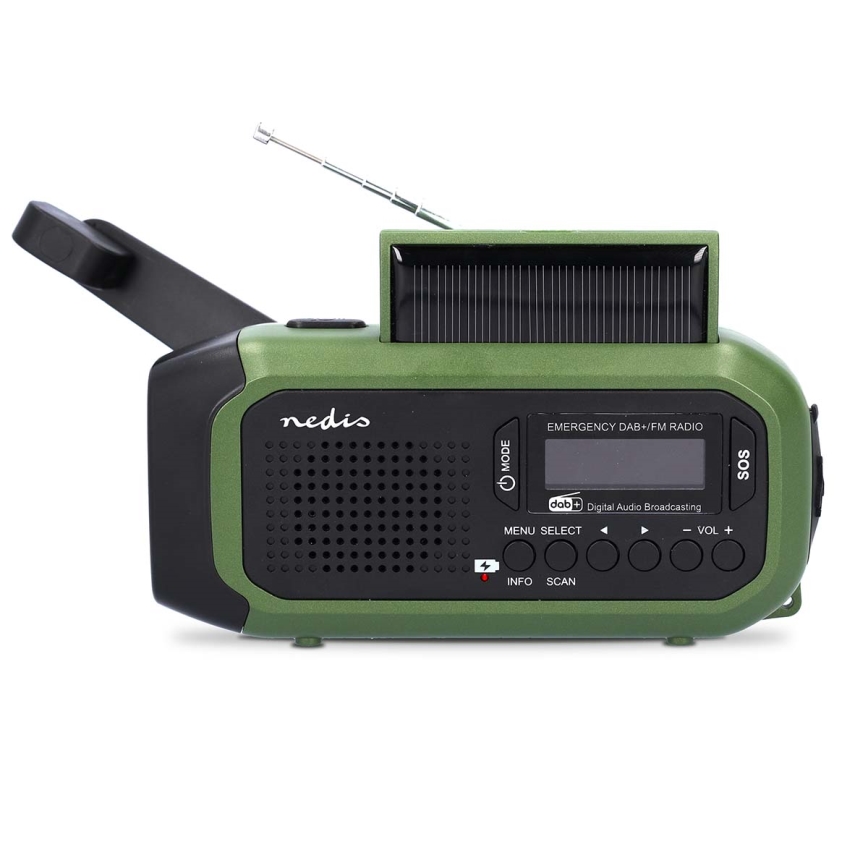 Radio DAB+/FM z ročico za navijanje, s solarnim panelom in LED svetilko, 5V/2500 mAh, zelena/črna