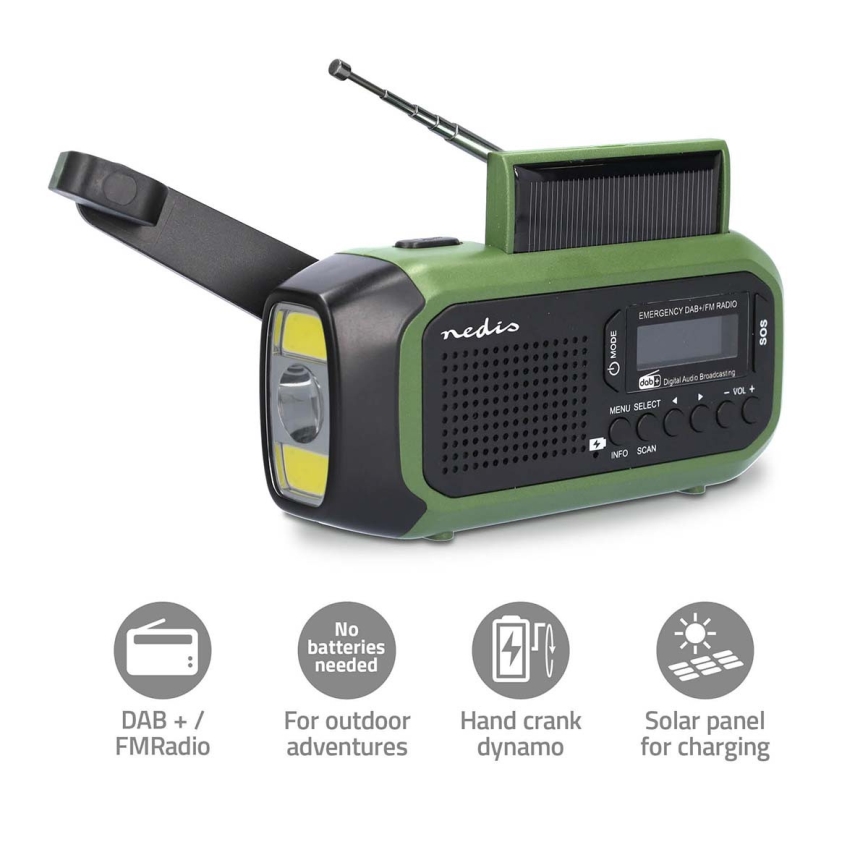 Radio DAB+/FM z ročico za navijanje, s solarnim panelom in LED svetilko, 5V/2500 mAh, zelena/črna