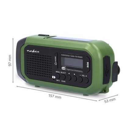 Radio DAB+/FM z ročico za navijanje, s solarnim panelom in LED svetilko, 5V/2500 mAh, zelena/črna