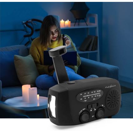 AM/FM radio z ročico za navijanje, solarnim panelom in LED svetilko, 2000 mAh