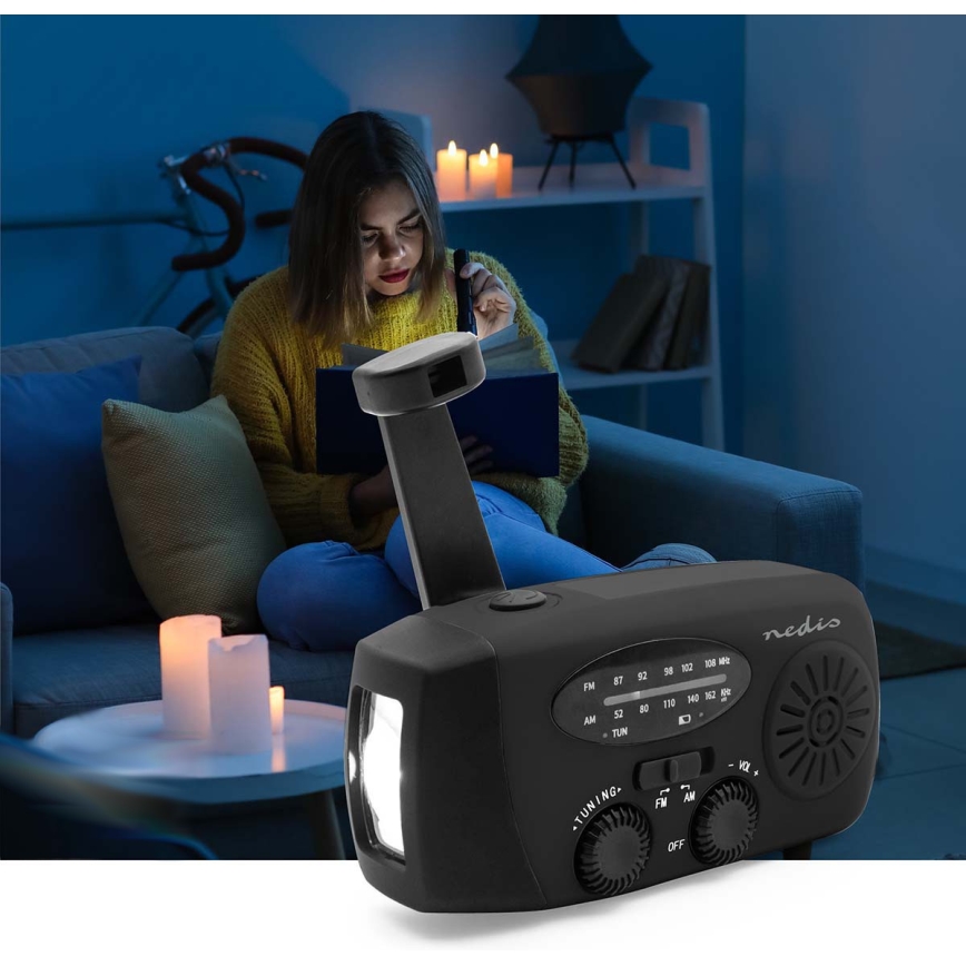 AM/FM radio z ročico za navijanje, solarnim panelom in LED svetilko, 2000 mAh