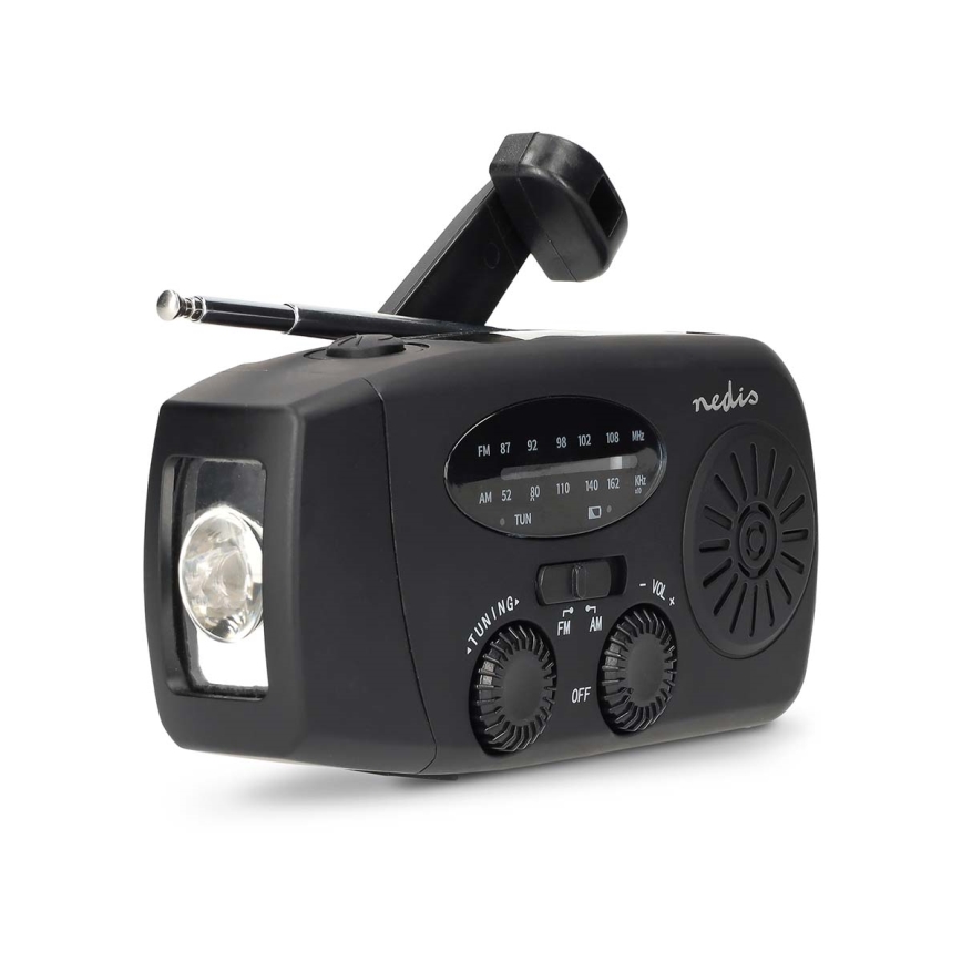 AM/FM radio z ročico za navijanje, solarnim panelom in LED svetilko, 2000 mAh