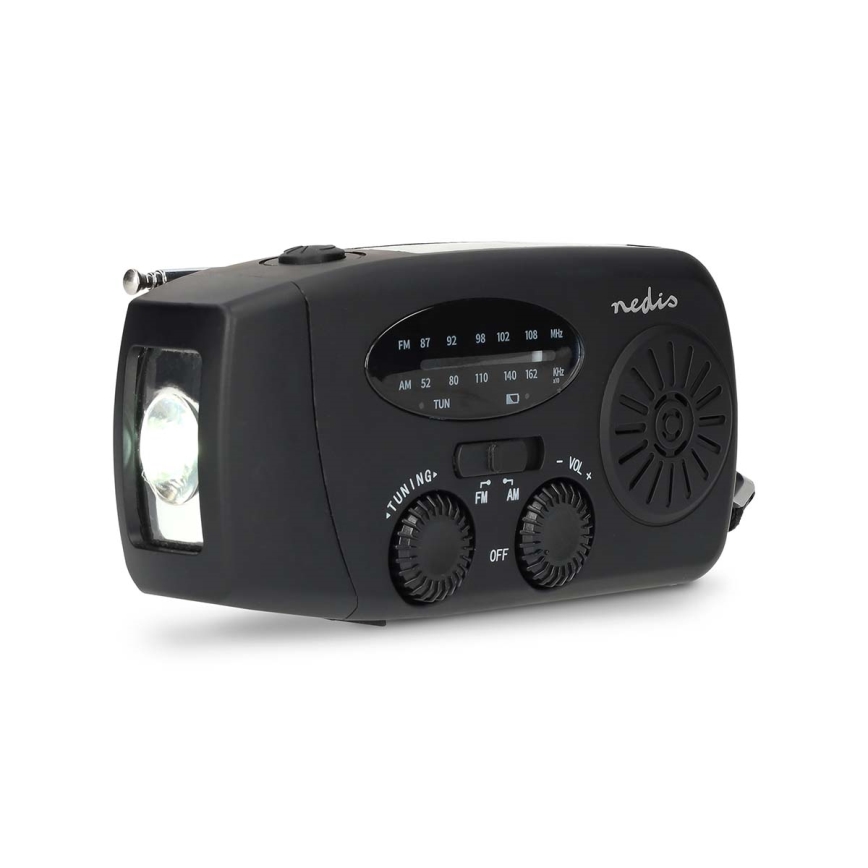 AM/FM radio z ročico za navijanje, solarnim panelom in LED svetilko, 2000 mAh