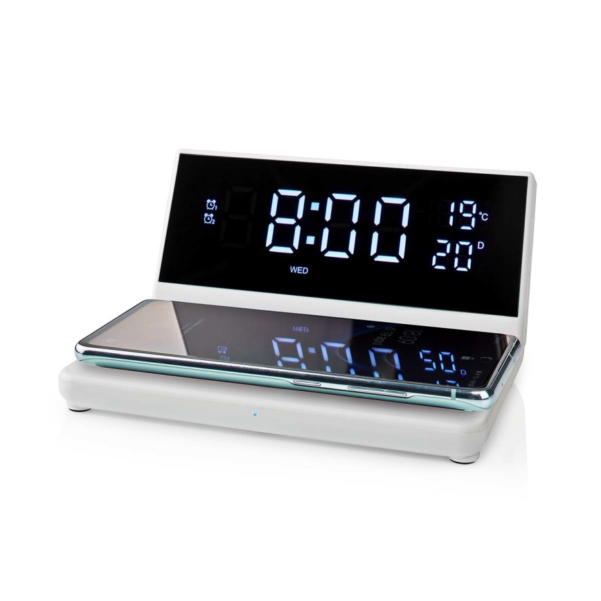 Budilka z LCD zaslonom in brezžičnim polnilcem 15W/230V bela