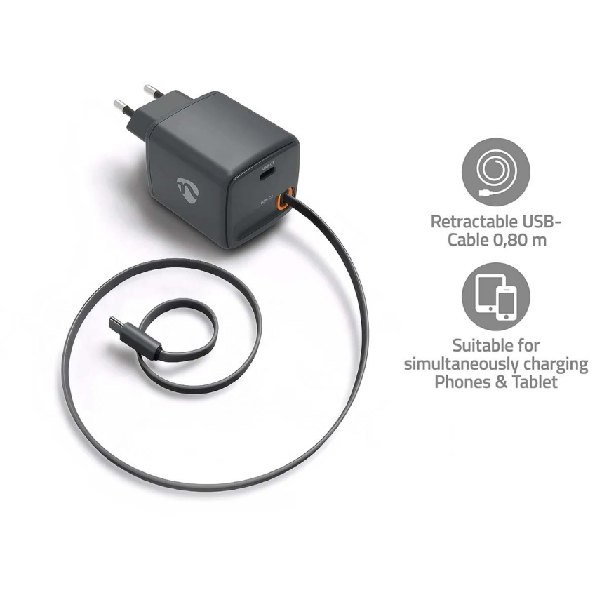 Polnilec z navijalnim kablom Power Delivery 30W 2xUSB-C črn