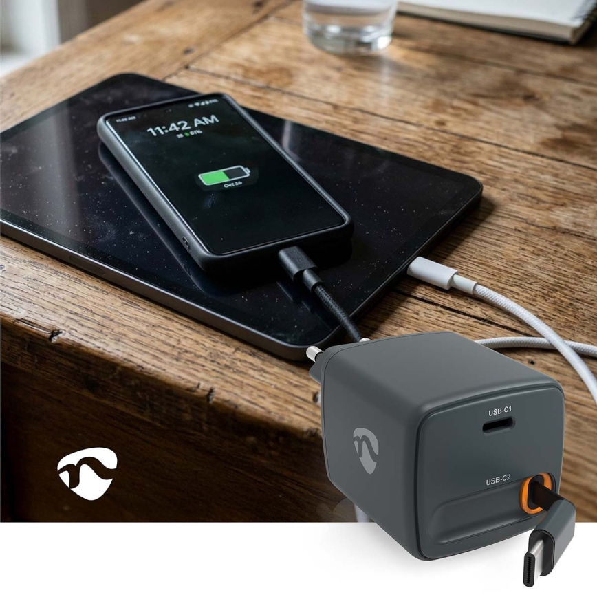 Polnilec z izvlečnim kablom Power Delivery (PD) 65W, 2× USB-C, črn