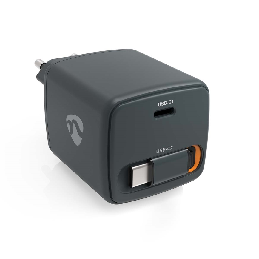 Polnilec z izvlečnim kablom Power Delivery (PD) 65W, 2× USB-C, črn