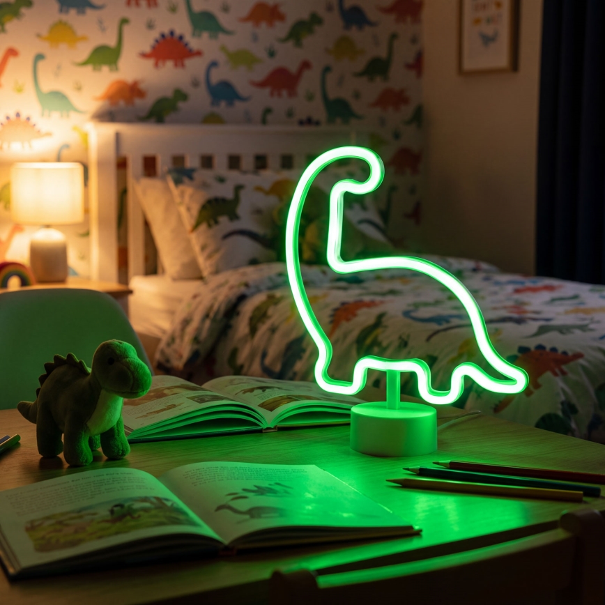 Neonska LED namizna dekoracija — dinozaver, 2 W, napajanje 3×AA ali USB