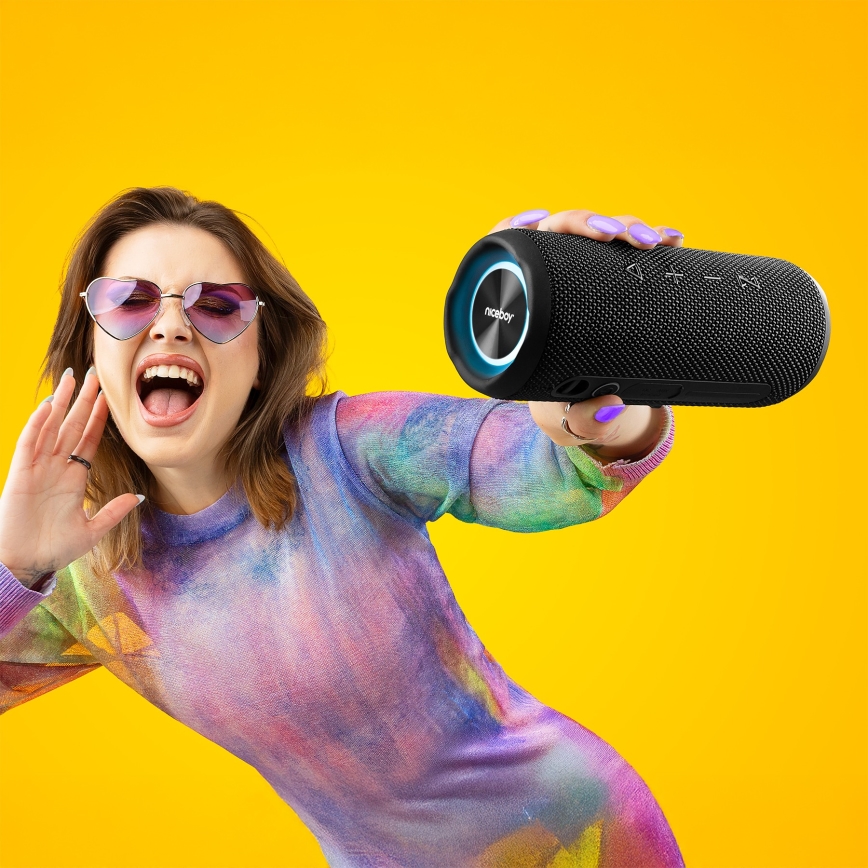 Niceboy Nexus - LED Brezžični zvočnik z mikrofonom 26W/4000 mAh IPX6 črna