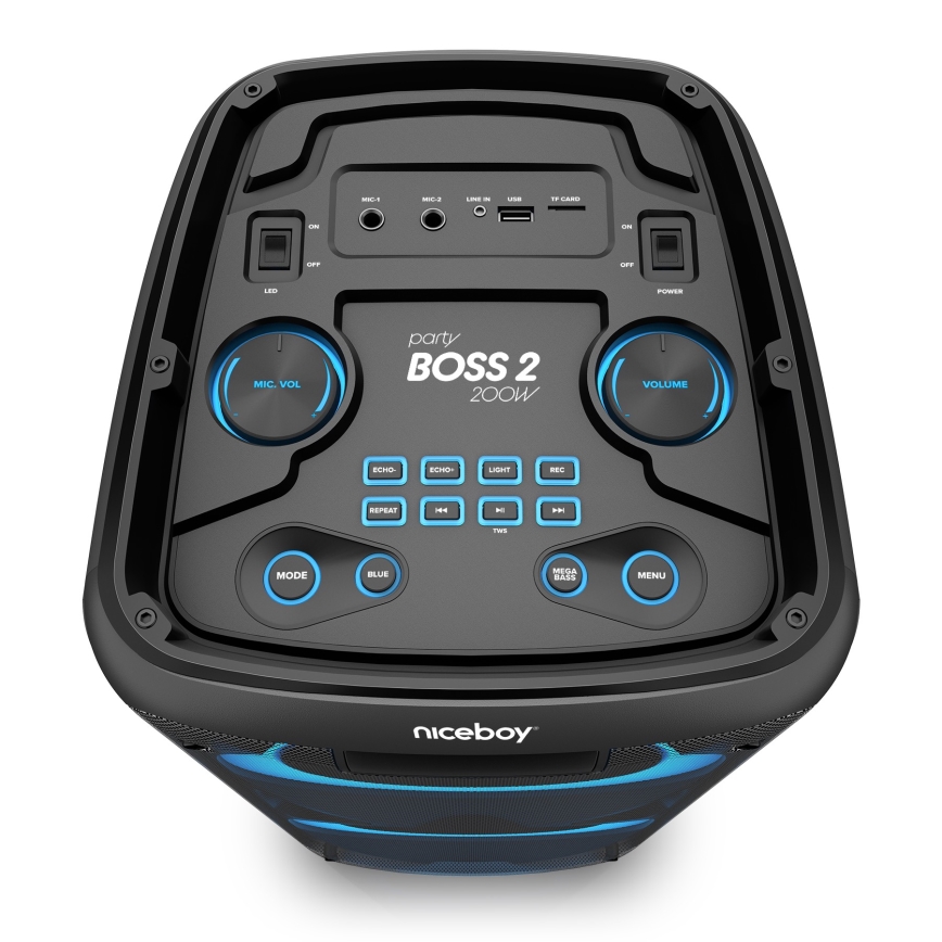 Niceboy PARTY Boss 2 - LED Brezžični zvočnik z mikrofonom in power bank funkcija 200W/4500 mAh + Daljinski upravljalnik