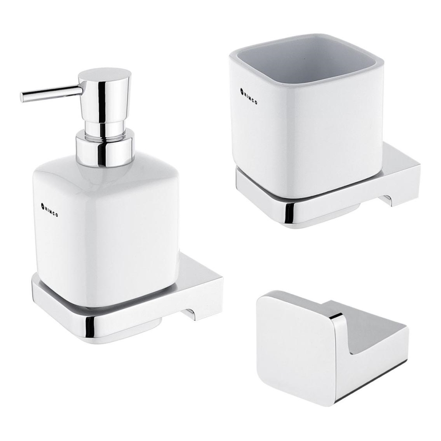 NIMCO MA set-31K-26 - Stenski dozirnik mila, stojalo za zobno ščetko in stenski kavelj MAYA 320 mm bela/sijajni krom