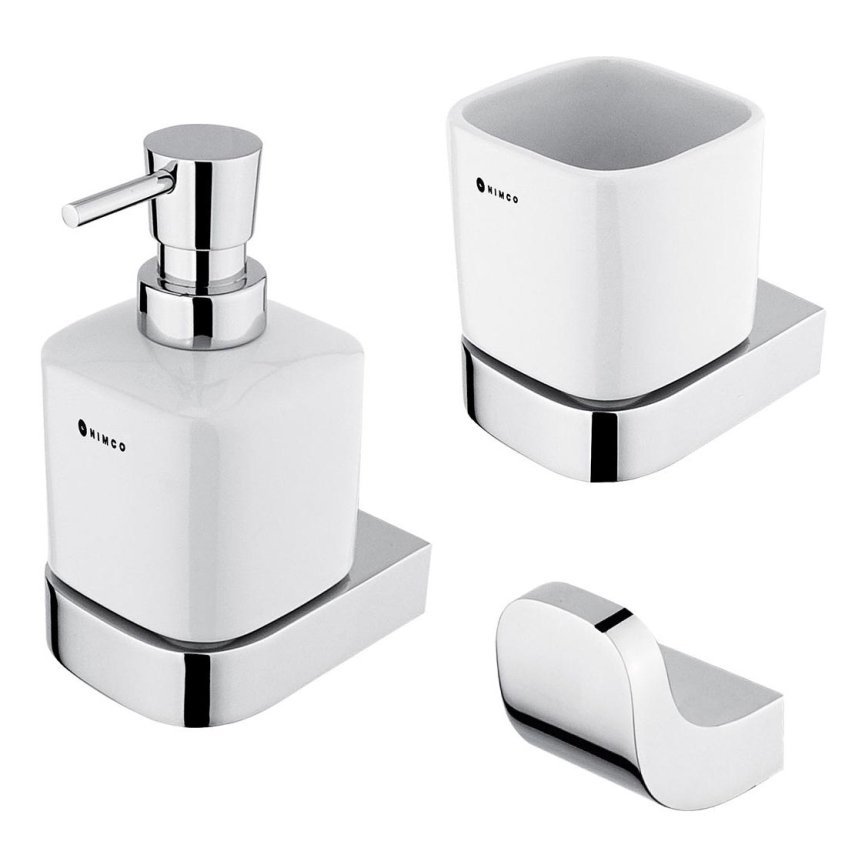 NIMCO NK set-31K-26 - Stenski dozirnik mila, stojalo za zobno ščetko in stenski kavelj NIKAU 320 mm bela/sijajni krom