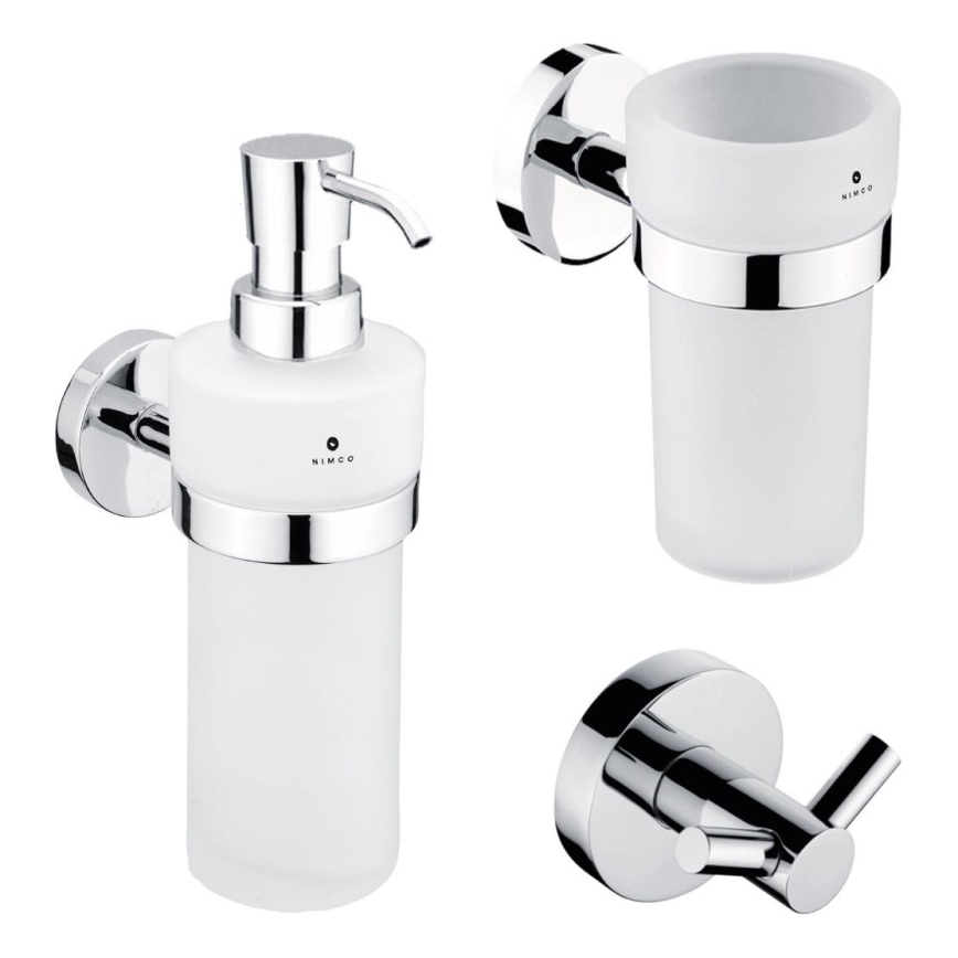 NIMCO UN set-31W-26 - Stenski dozirnik mila, stojalo za zobno ščetko in stenski kavelj UNIX 250 mm mat steklo/sijajni krom