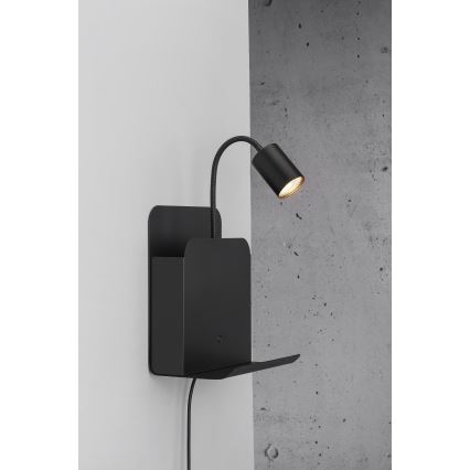 Nordlux - Stenski reflektor s polico in USB ROOMI 1xGU10/8W/230V črna