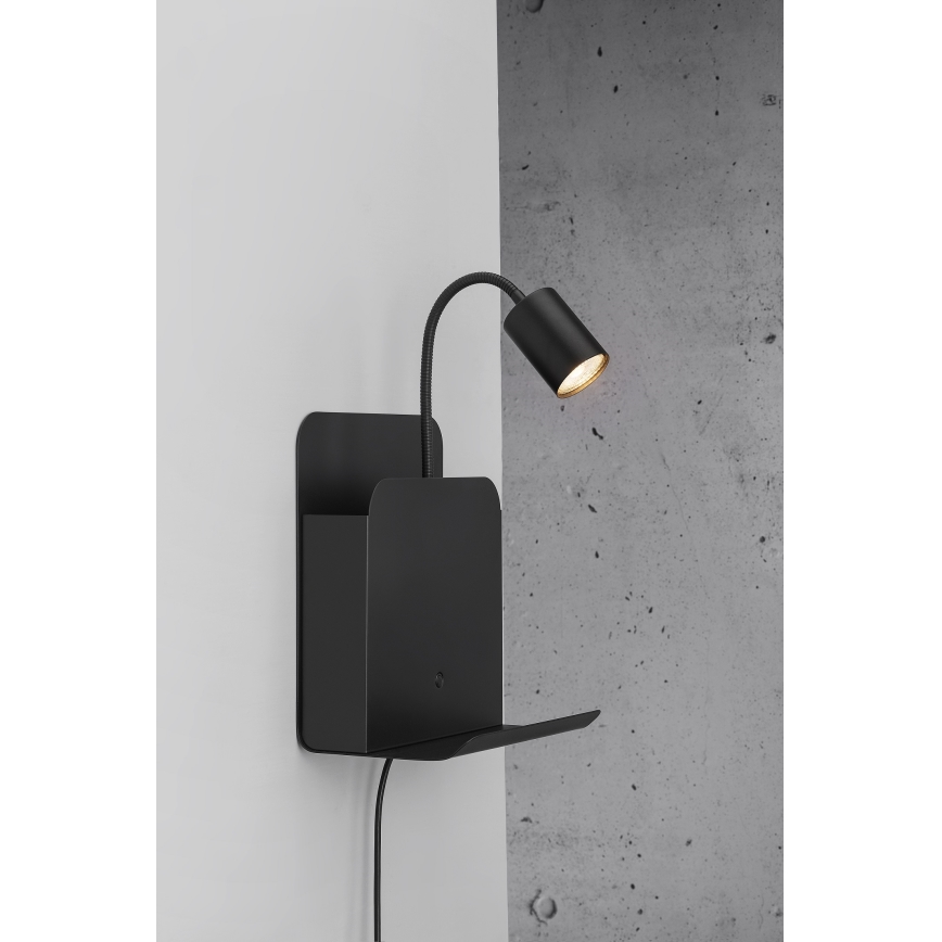 Nordlux - Stenski reflektor s polico in USB ROOMI 1xGU10/8W/230V črna