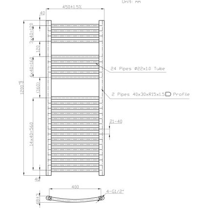 Novaservis - Kopalniški lestveni radiator 490W/230V 120x45 cm bel, zaobljen