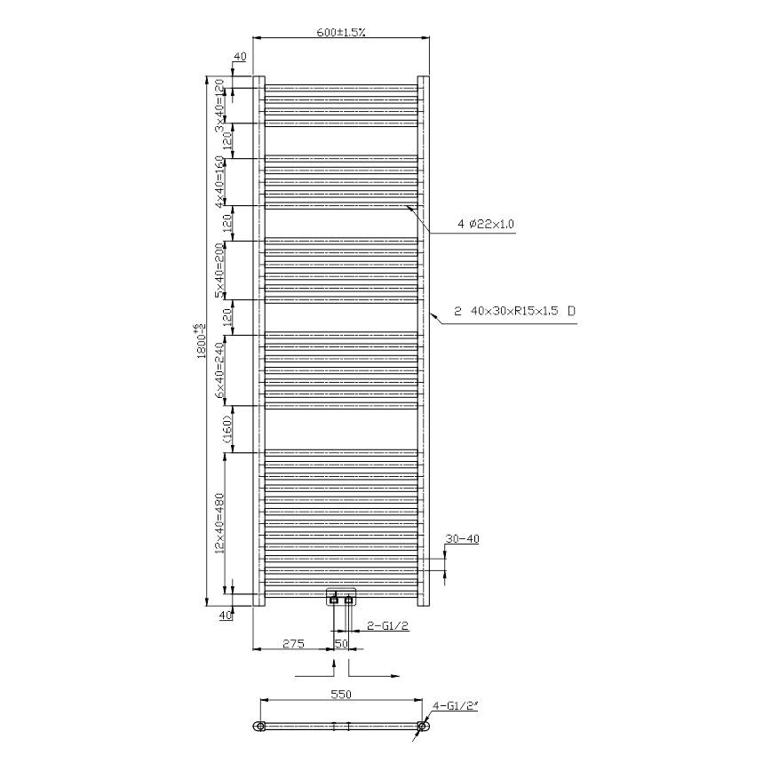 Novaservis - Kopalniški lestveni radiator 630W/230V 180x60 cm sijajni krom raven