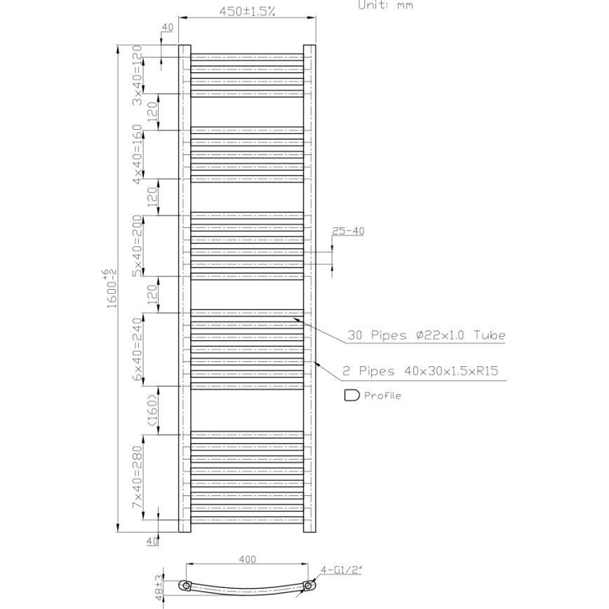 Novaservis - Kopalniški radiator v obliki lestve, 648W/230V, 160x45 cm, bel, zaobljen