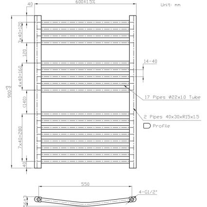 Novaservis - Kopalniški rebrast radiator (brisačnik) 478W/230V 90x60 cm, bel, zaobljen