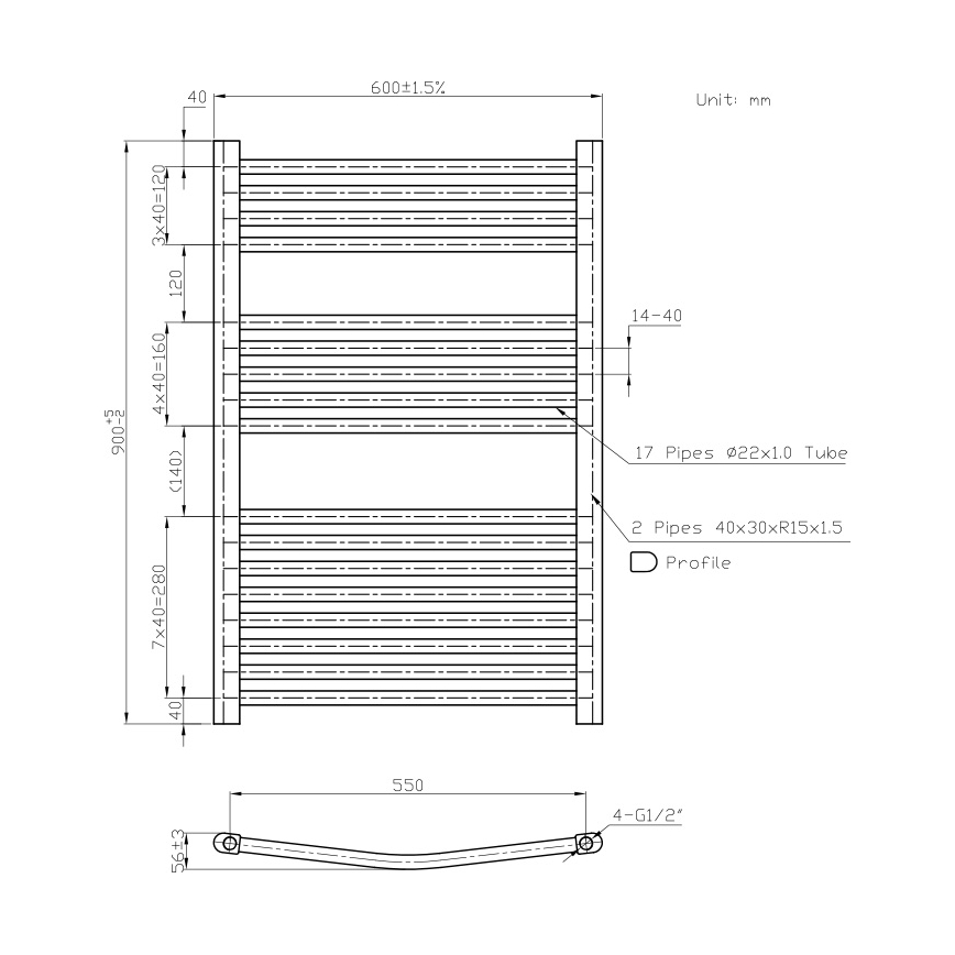 Novaservis - Kopalniški rebrast radiator (brisačnik) 478W/230V 90x60 cm, bel, zaobljen
