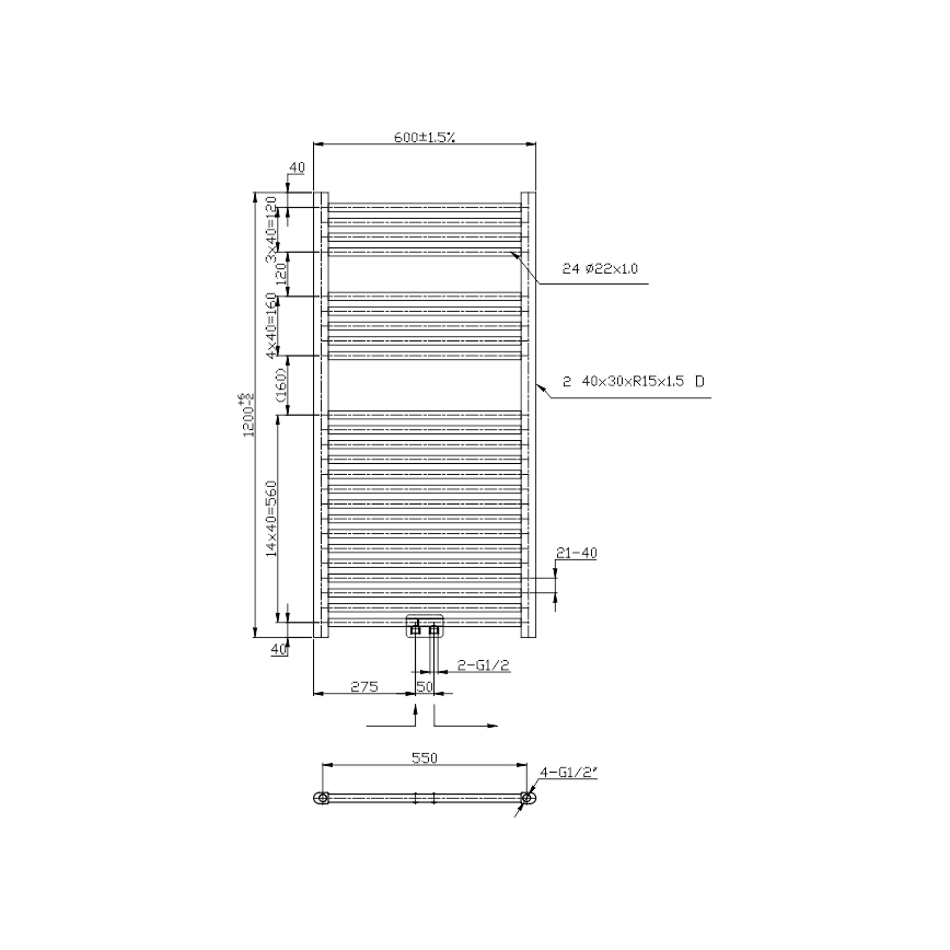 Novaservis - Kopalniški rebrasti radiator 644W/230V 120x60 cm črn raven