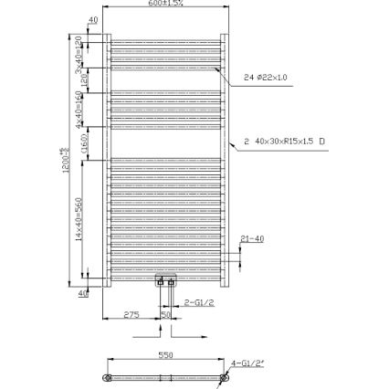 Novaservis - Kopalniški rebrasti radiator 644W/230V 120x60 cm črn raven