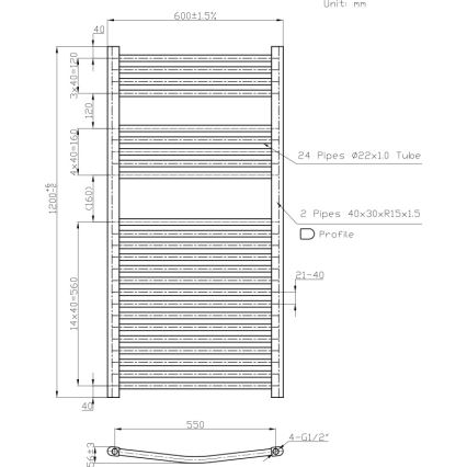 Novaservis - kopalniški rebrasti radiator za brisače 644 W/230 V 120 x 60 cm, bel, zaobljen