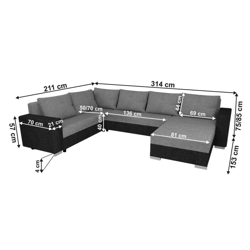 Oblazinjena univerzalna raztegljiva sedežna garnitura v obliki črke U YORK, bela/siva