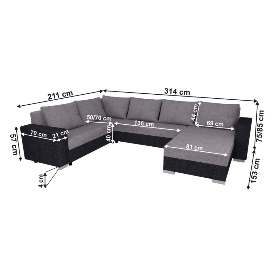 Oblazinjena univerzalna raztegljiva sedežna garnitura v obliki črke U YORK siva/črna