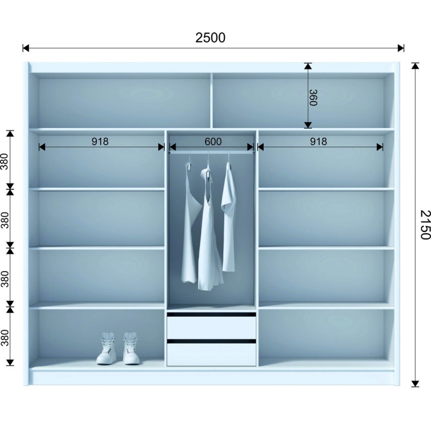 Omara za oblačila z ogledalom SABRINA 250x215 cm bela