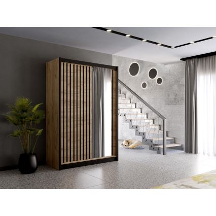 Omara z ogledalom SANTINO 150x215 cm hrast craft/črna