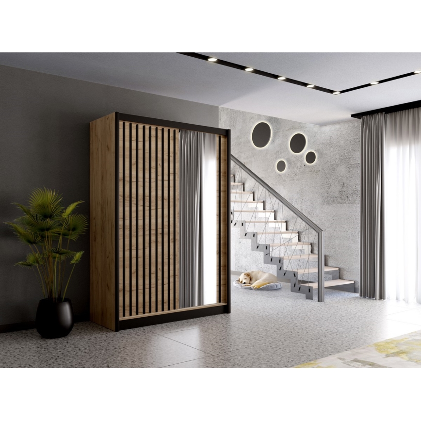 Omara z ogledalom SANTINO 150x215 cm hrast craft/črna