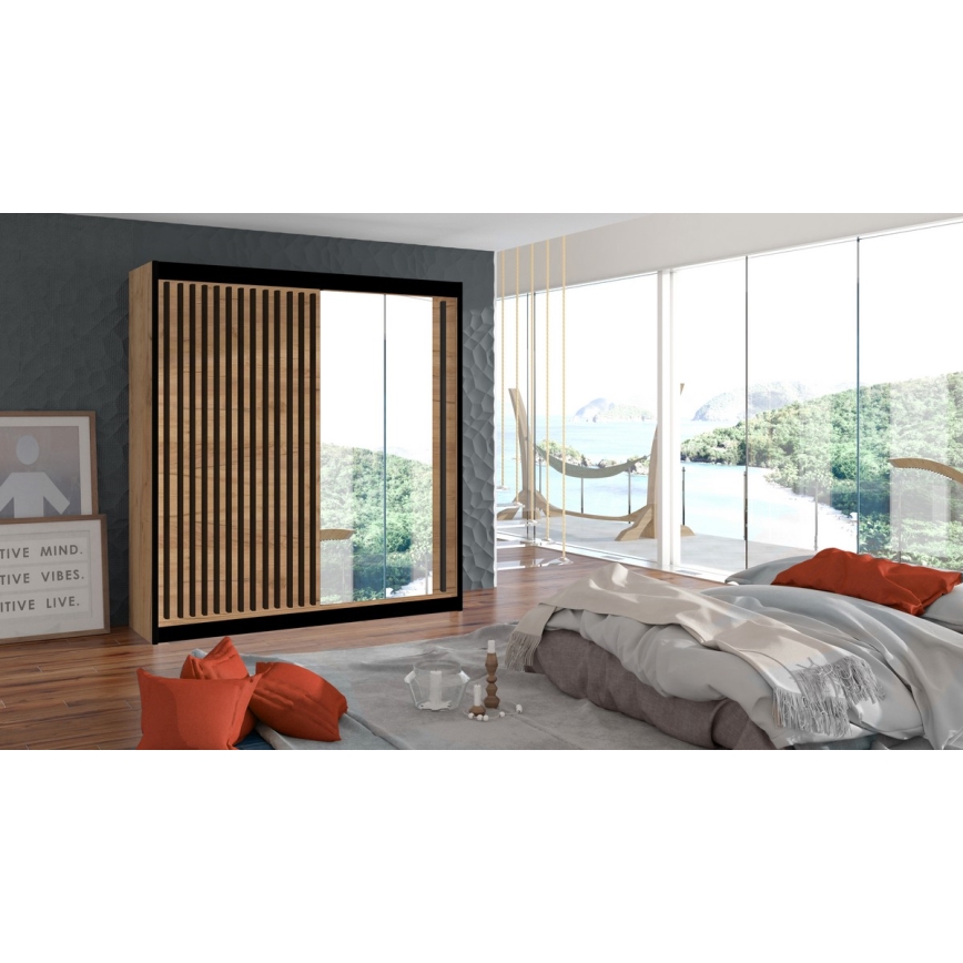 Omara za oblačila z ogledalom SANTINO 203x215 cm hrast craft/črna