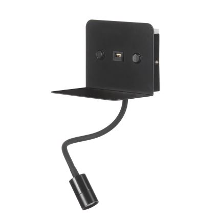ONLI - LED Fleksibilna mala svetilka s polico in USB polnjenje PLAK LED/1W/230V črna